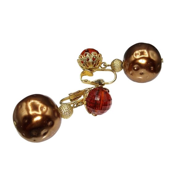 Vintage Brown Faceted Bead Dangle Earrings with Dangling Bronze Faux Baroque - Picture 2 of 3